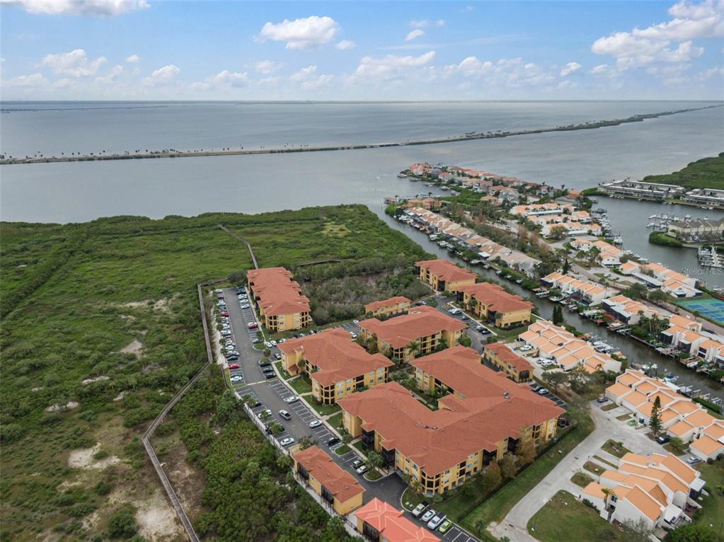An aerial view shows a multi-building apartment complex situated near a coastal waterway and mangroves — 4305 BAYSIDE VILLAGE DRIVE UNIT 104, TAMPA, FL