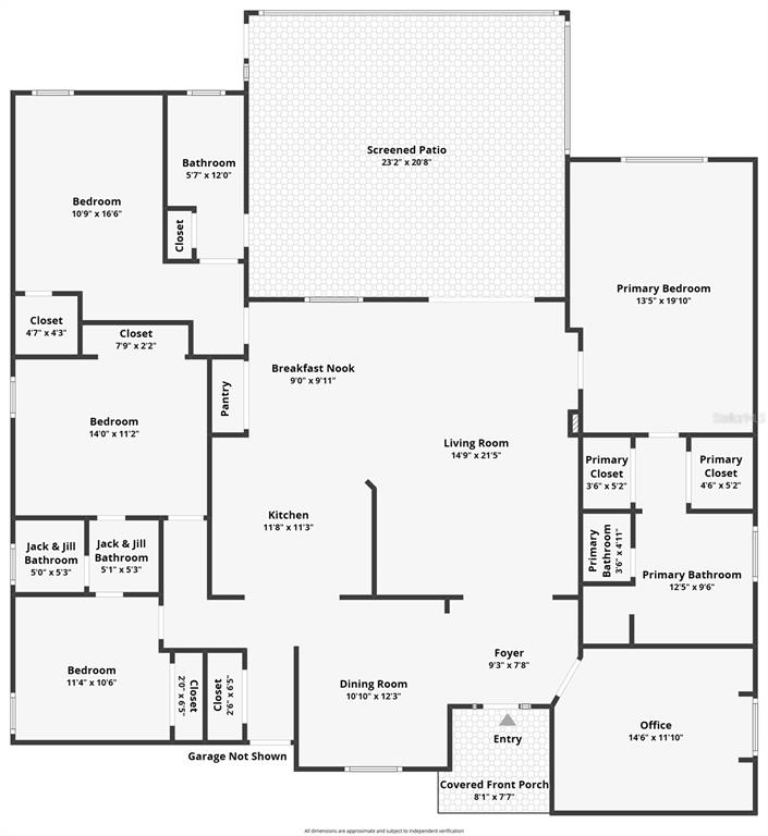 This floor plan shows a single-story home layout with four bedrooms, an office, and a patio — 14531 WISHING WIND WAY, CLERMONT, FL
