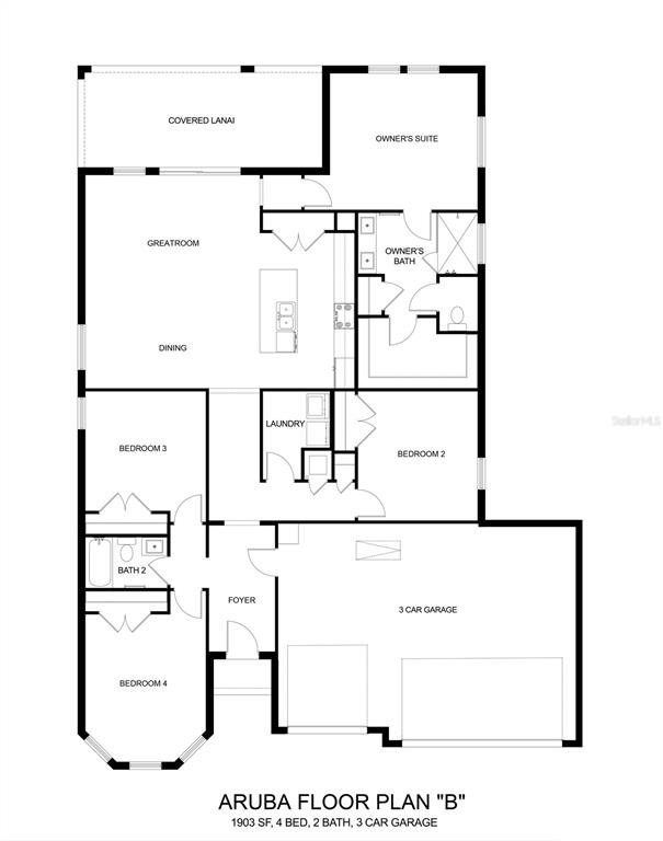 This is a floor plan for a four-bedroom, two-bath home with a three-car garage — 5034 W PINTO LOOP, BEVERLY HILLS, FL