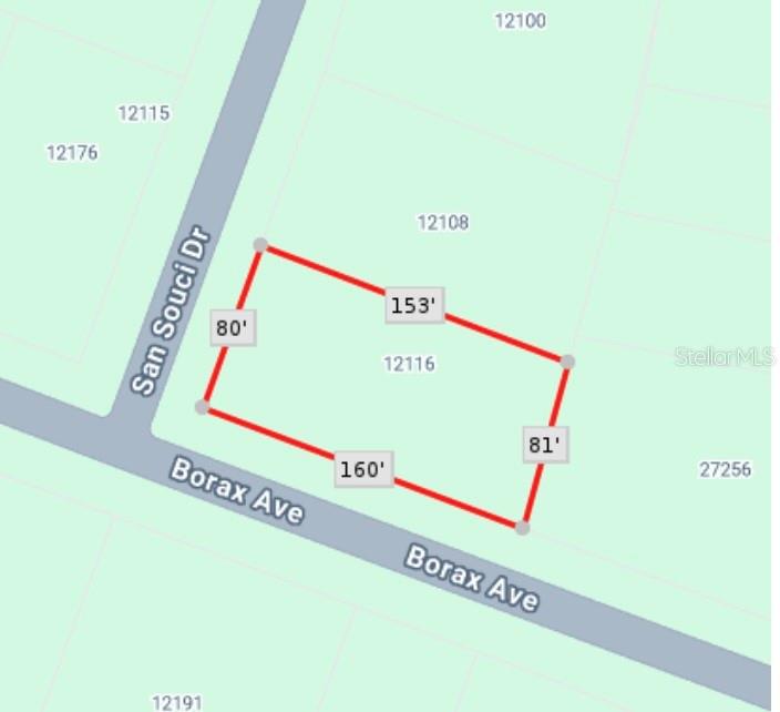 This map shows the property boundaries and dimensions of a corner residential lot — 12116 SAN SOUCI DRIVE, PUNTA GORDA, FL
