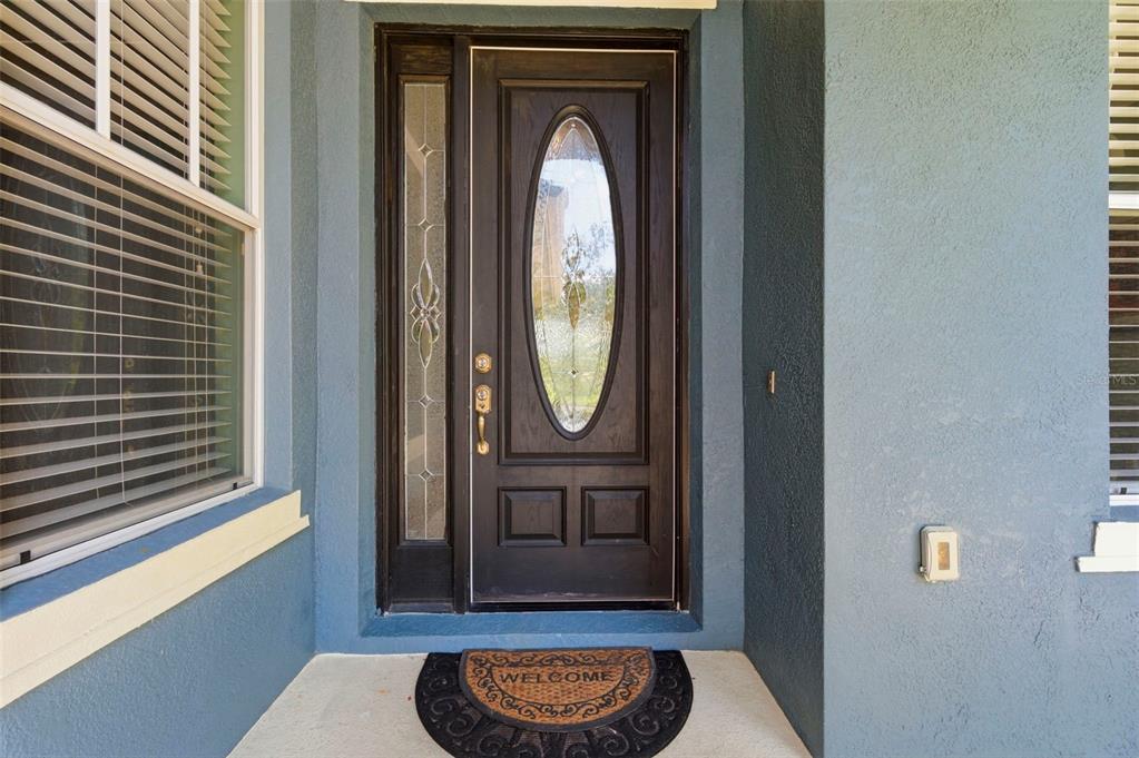 A dark wood front door with an oval glass insert sits on a blue porch — 20629 WILD PLUM COURT, LAND O LAKES, FL