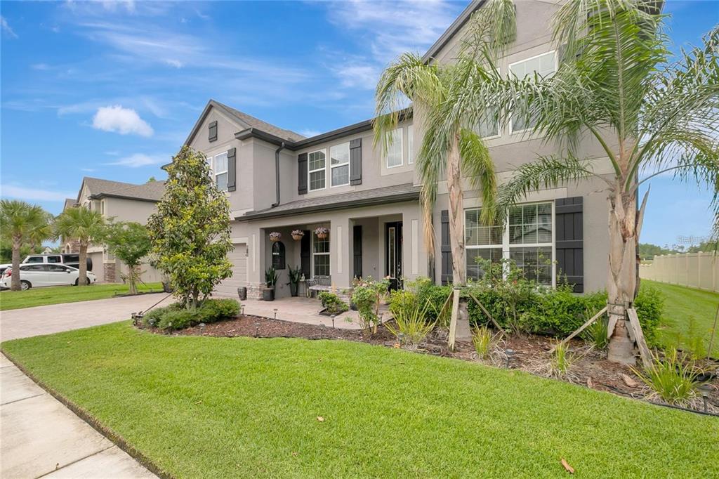 A two-story gray house with a front porch, dark shutters, and a palm tree — 19335 EAGLE CREEK LANE, TAMPA, FL