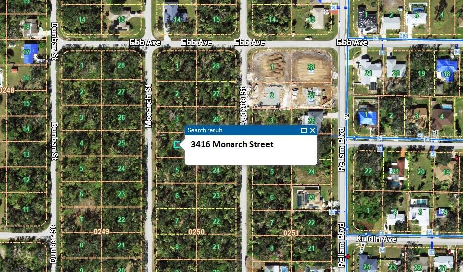 This is a satellite map view showing residential land plots and streets in a neighborhood — 3416 MONARCH STREET, PORT CHARLOTTE, FL