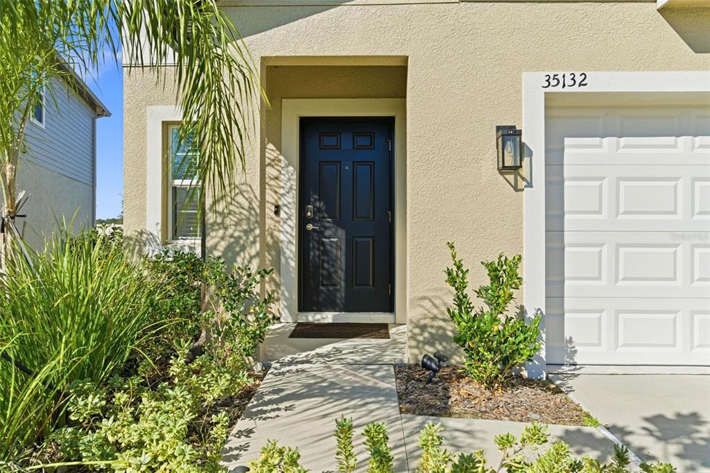The exterior of a house features a dark front door, a garage, and landscaping — 35132 ACKLEY TRACE, ZEPHYRHILLS, FL