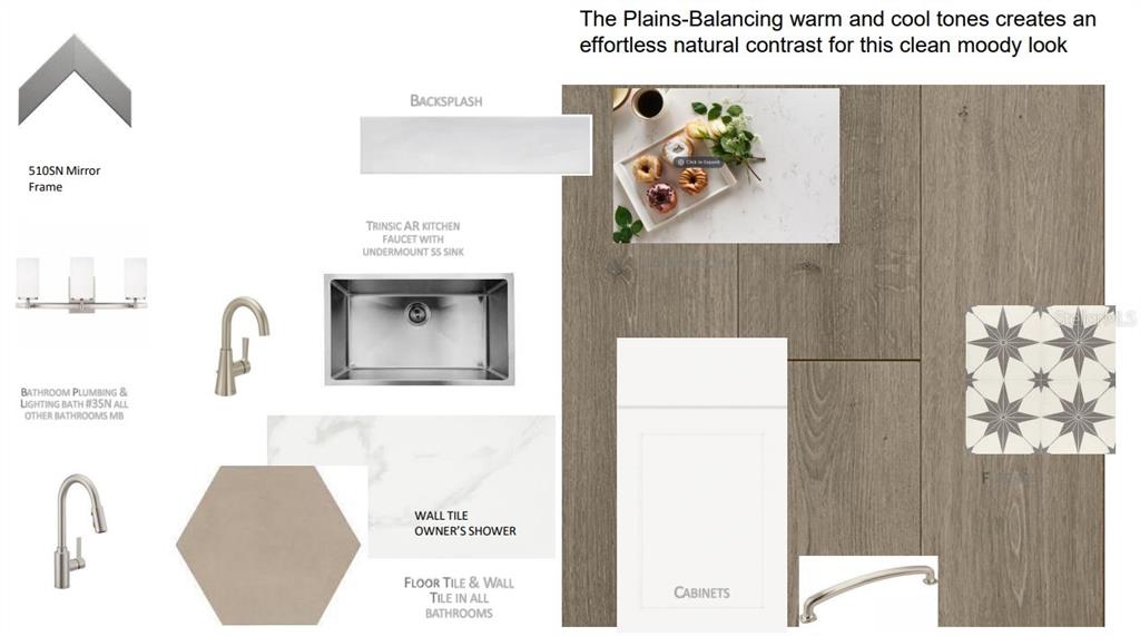 This interior design mood board displays samples of cabinetry, tile, hardware, and plumbing fixtures — 1655 SPRINGWELL LANE, SARASOTA, FL