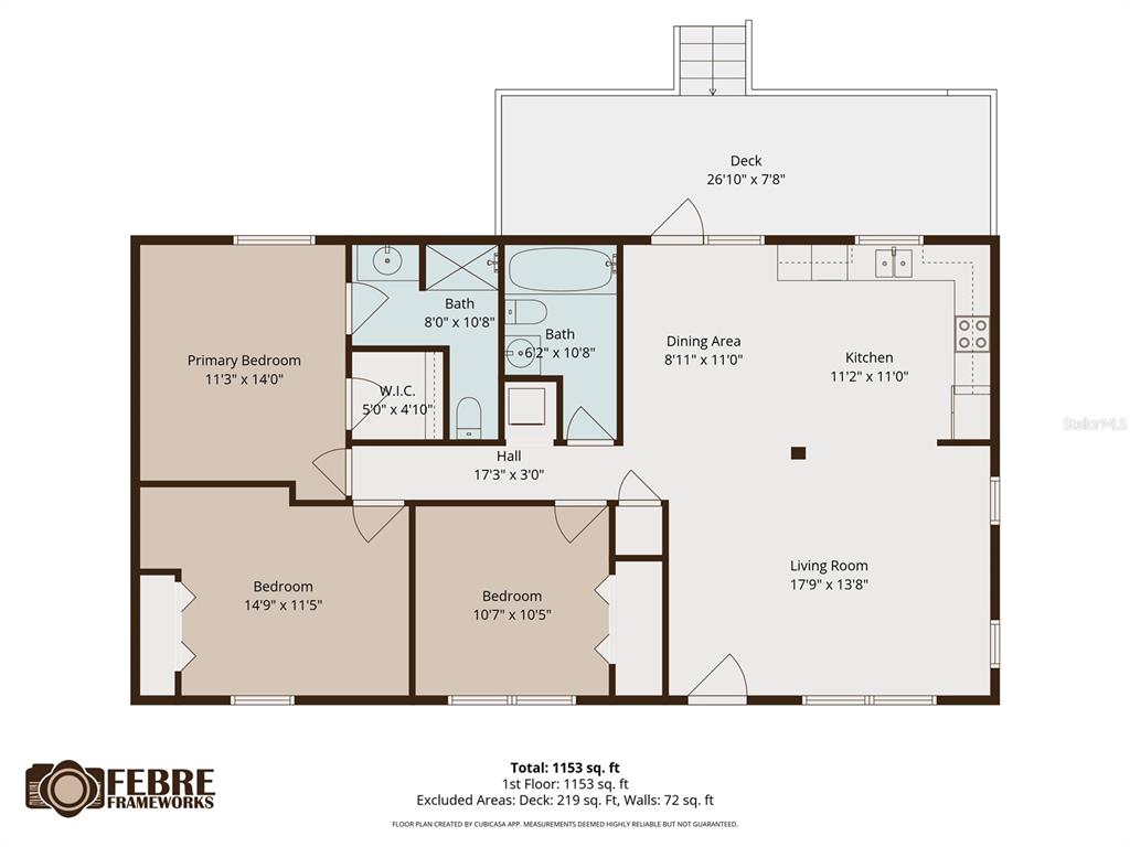 This is a floor plan showing a three-bedroom, two-bathroom home with a deck — 2801 S MANHATTAN AVENUE, TAMPA, FL