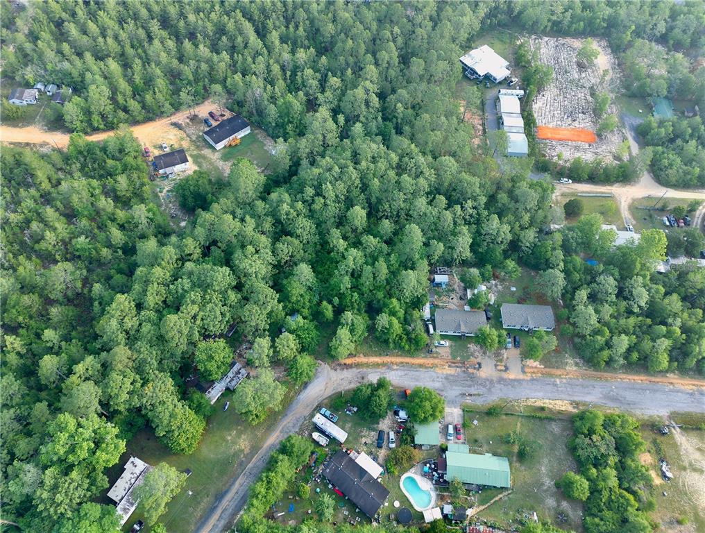 An aerial view shows several houses scattered among dense trees and dirt roads — PINETREE LANE, DEFUNIAK SPRINGS, FL