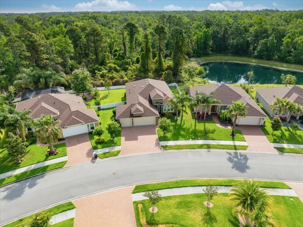 An aerial view shows three suburban houses with brown roofs and driveways facing a curved street — 45 GRAHAM WOODS PLACE, PALM COAST, FL
