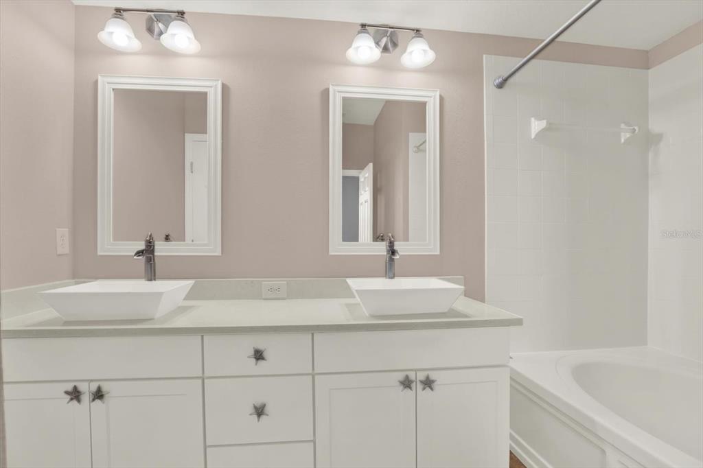 A bathroom features a white double vanity with vessel sinks, star-shaped hardware, and a tub — 14316 HOLLY HAMMOCK LANE, BROOKSVILLE, FL