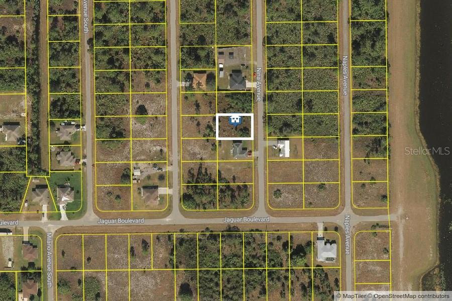 This is an aerial map showing a vacant residential lot highlighted in a white box — 768 NINA AVENUE S, LEHIGH ACRES, FL
