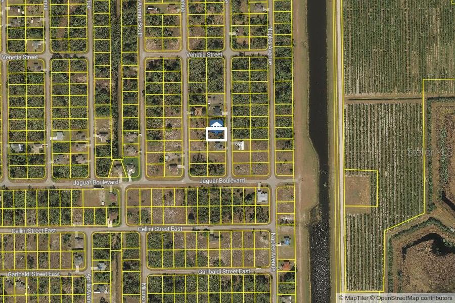 This is an aerial map view showing a residential lot with a house highlighted — 768 NINA AVENUE S, LEHIGH ACRES, FL