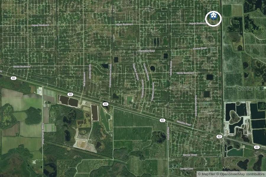 This is a satellite map showing a residential area with a highlighted property location — 768 NINA AVENUE S, LEHIGH ACRES, FL