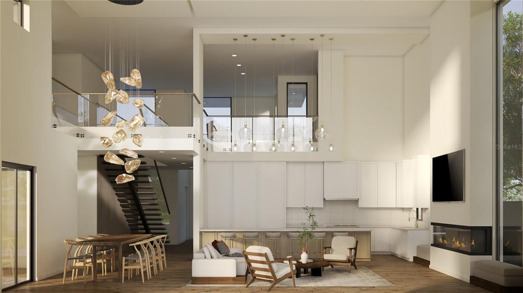 This rendering shows a modern open-concept living area with a kitchen, dining space, and mezzanine — 1004 W FRIBLEY STREET, TAMPA, FL