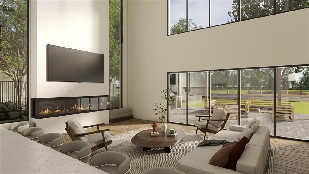 This rendering shows a modern living room with a linear fireplace, tall windows, and patio — 1004 W FRIBLEY STREET, TAMPA, FL