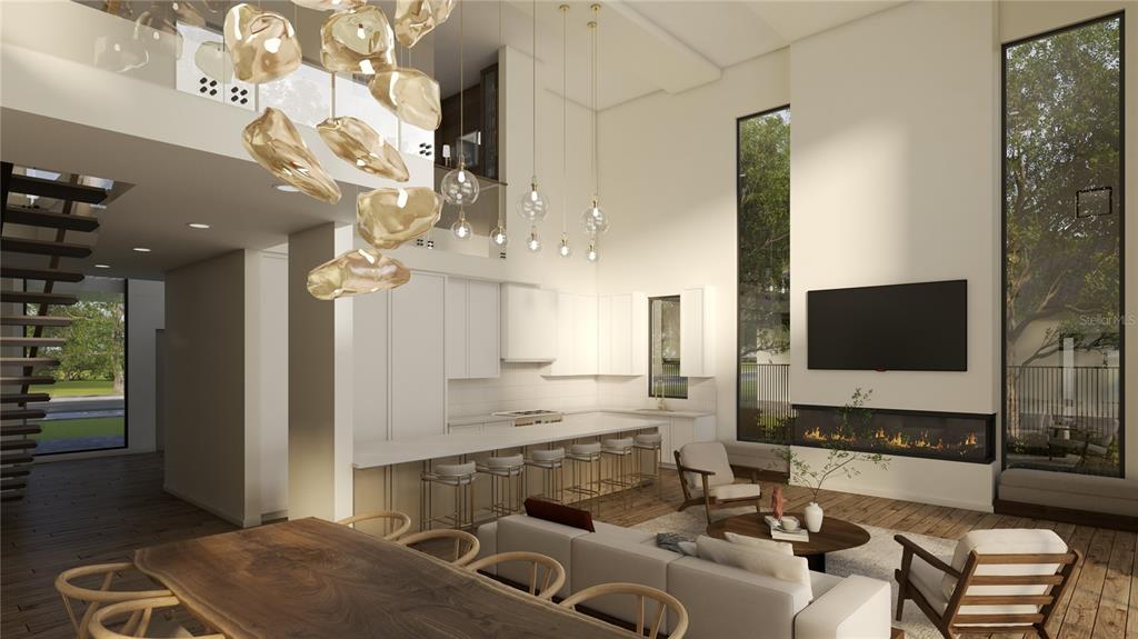 This rendering shows a modern open-concept living room and kitchen with high ceilings and fireplace — 1004 W FRIBLEY STREET, TAMPA, FL