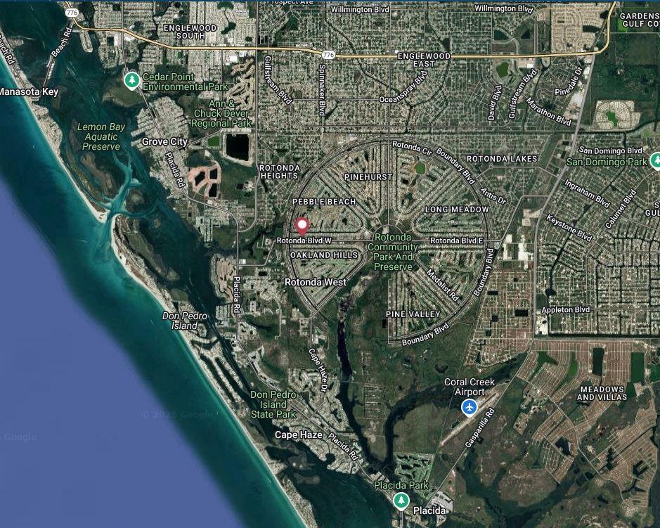 This is a satellite map showing the Rotonda West area and surrounding Florida coastline — 274 ROTONDA BOULEVARD W, ROTONDA WEST, FL