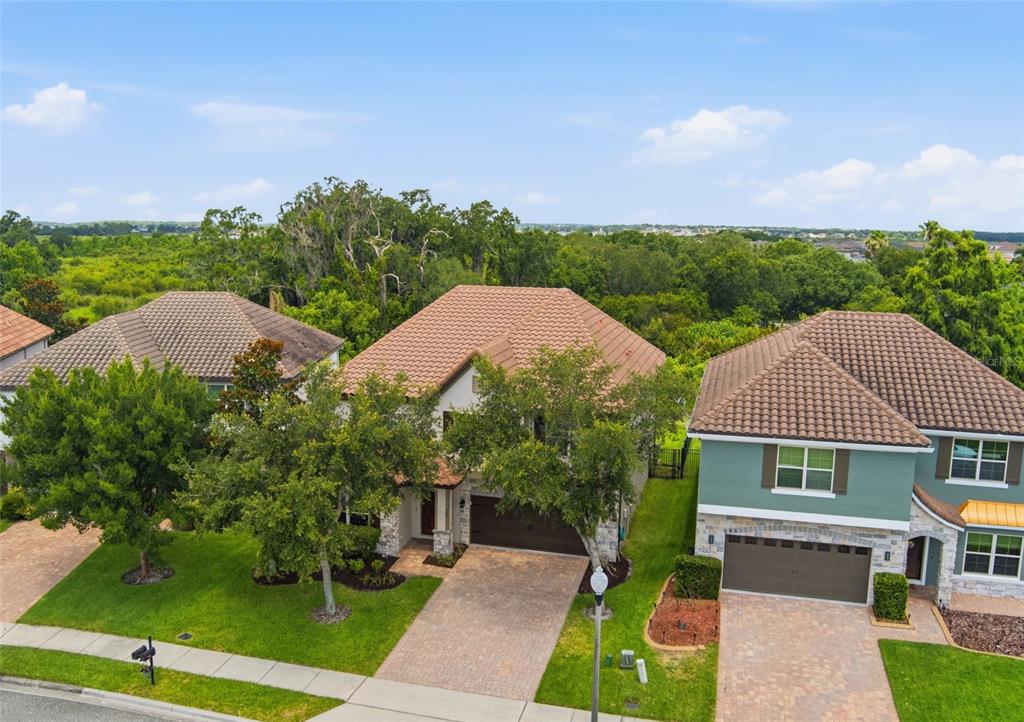 An aerial view shows three suburban houses with tile roofs and paved driveways — 552 EGRET PLACE DRIVE, WINTER GARDEN, FL