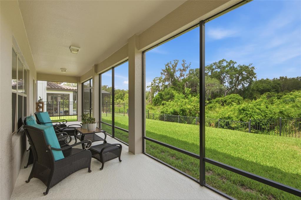 A screened-in patio features wicker furniture and views of a grassy yard and trees — 552 EGRET PLACE DRIVE, WINTER GARDEN, FL