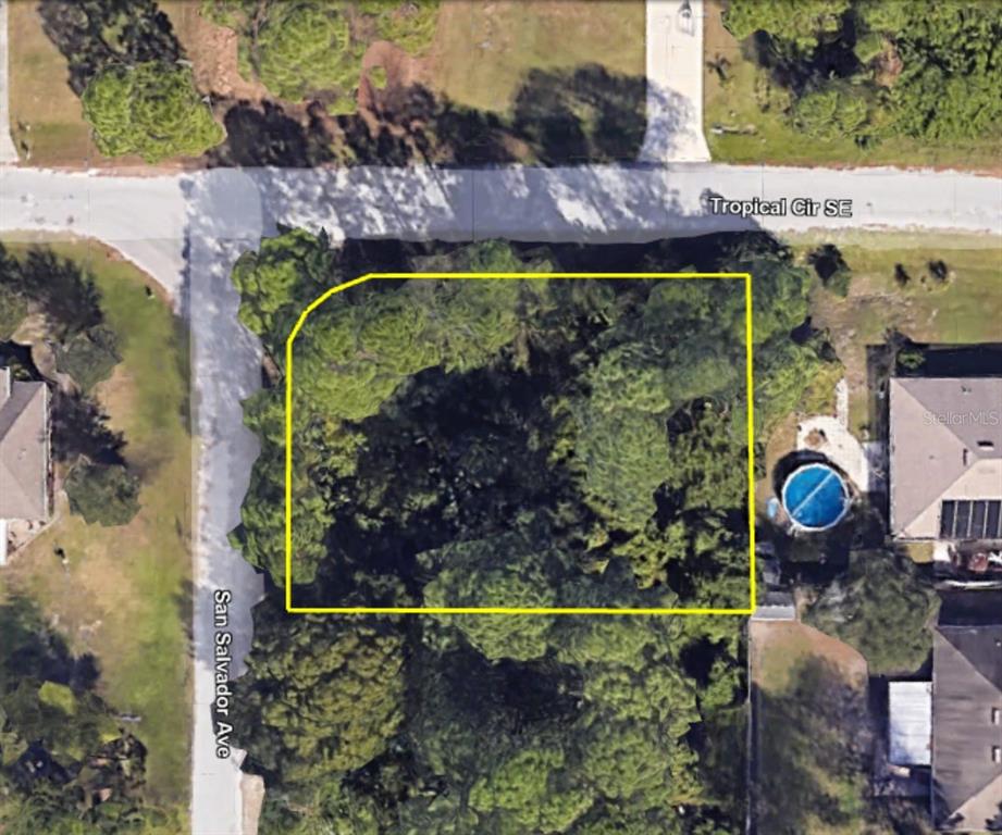 This aerial map shows a vacant, tree-covered corner lot outlined in yellow — SAN SALVADOR AVENUE SE, PALM BAY, FL