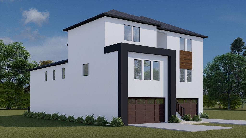 A digital rendering of a modern three-story home with a white exterior and two garages — 2221 S OCCIDENT STREET, TAMPA, FL