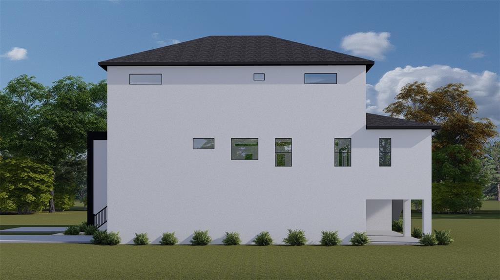 This is a digital rendering of the side exterior of a modern two-story white house — 2221 S OCCIDENT STREET, TAMPA, FL