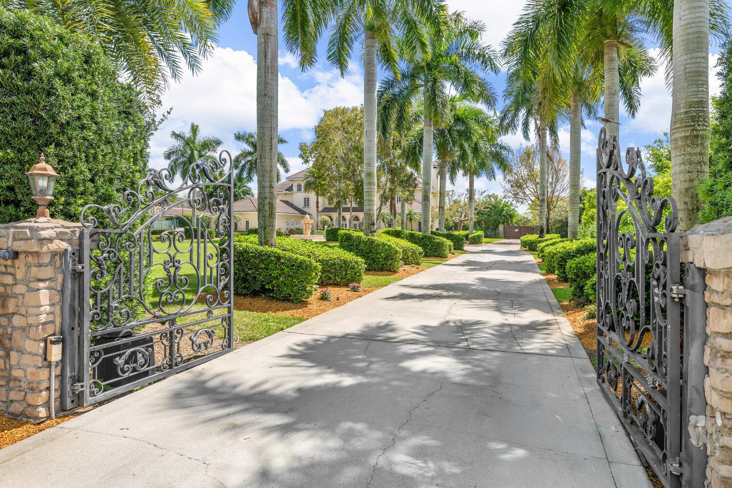 An open wrought iron gate leads to a long concrete driveway lined with palm trees — 14535 Draft Horse Lane, Wellington FL 33414, WELLINGTON, FL