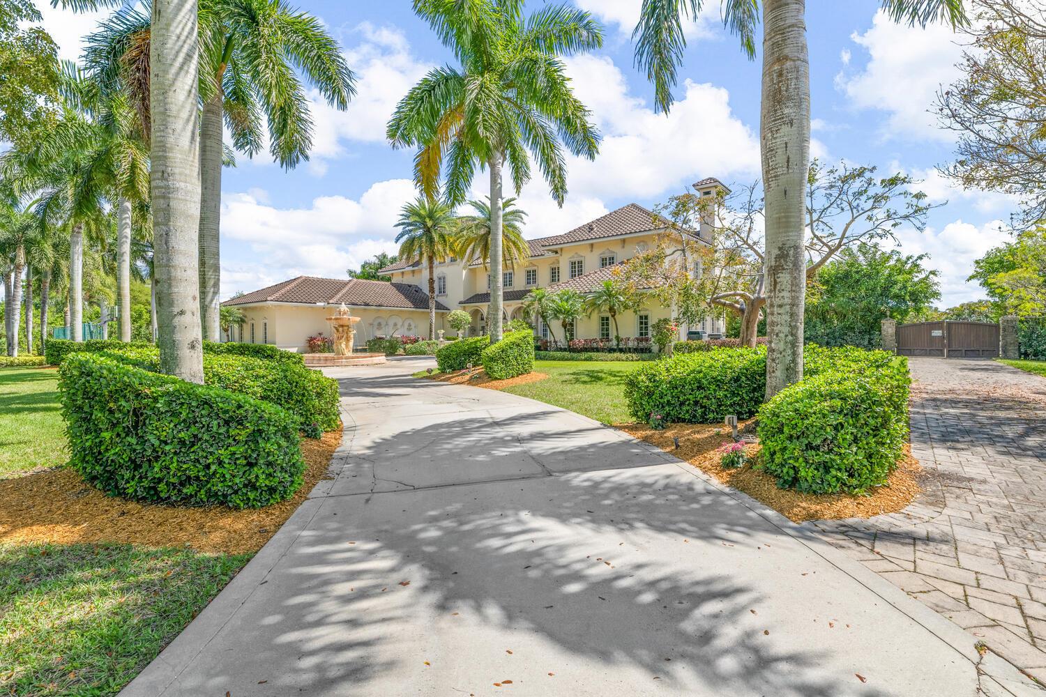 A large two-story house with a concrete driveway, palm trees, and a front yard fountain — 14535 Draft Horse Lane, Wellington FL 33414, WELLINGTON, FL