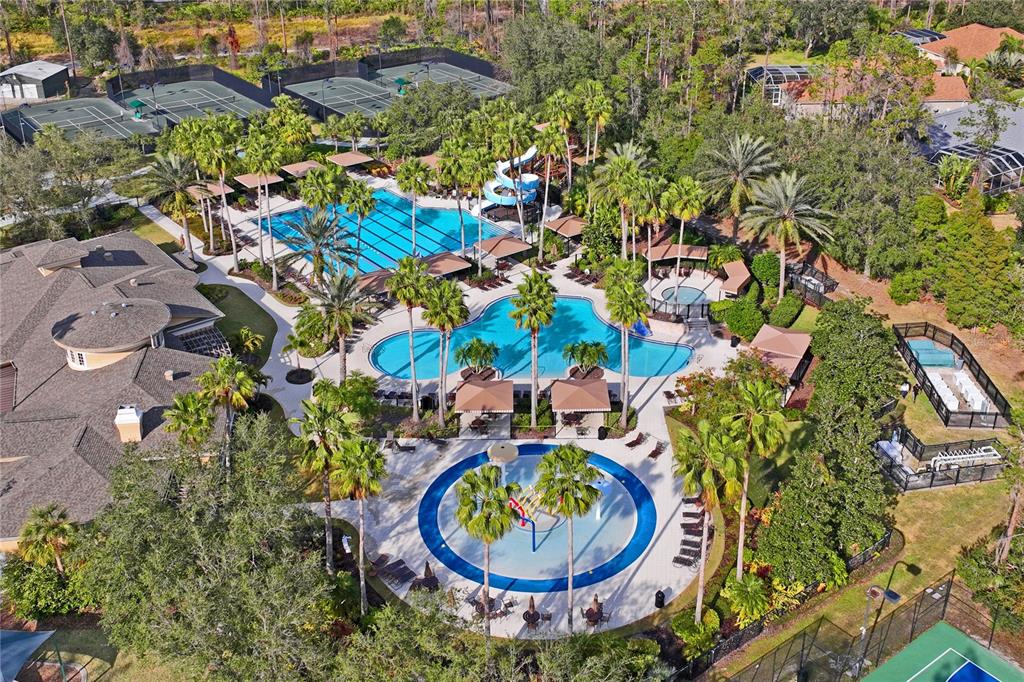 An aerial view shows a large community swimming pool complex with a water slide — 2449 SILVERMOSS DRIVE, WESLEY CHAPEL, FL