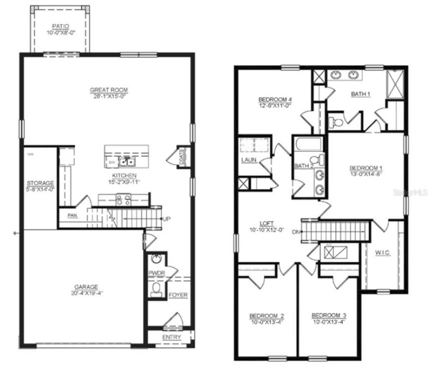 This floor plan shows a two-story home with a garage, kitchen, and four bedrooms — 35477 BRICK CHURCH LOOP, DADE CITY, FL