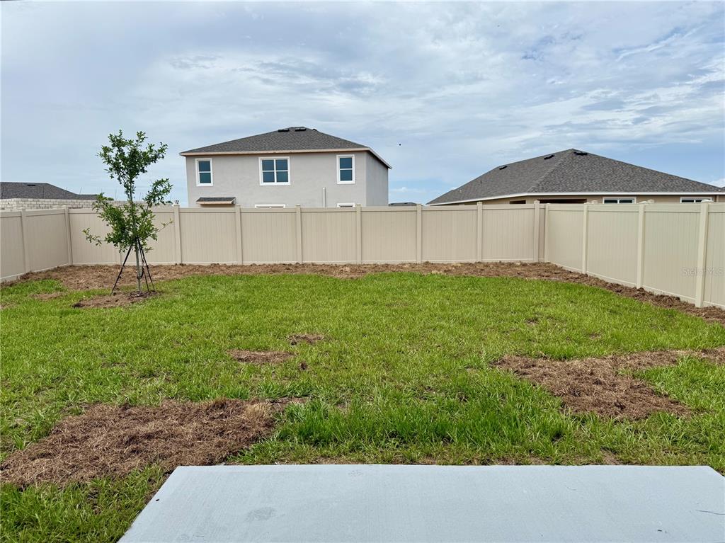 A fenced backyard features a small tree and a concrete patio under a cloudy sky — 35477 BRICK CHURCH LOOP, DADE CITY, FL