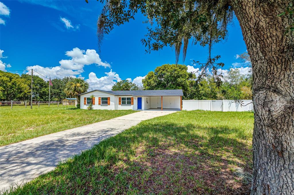 A single-story house with a white exterior, blue front door, and attached carport sits on grass — 4994 E HINSON AVENUE, HAINES CITY, FL