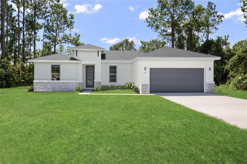 This is a rendering of a single-story house with a gray garage and stone accents — 16090 SW 42ND TERRACE, OCALA, FL