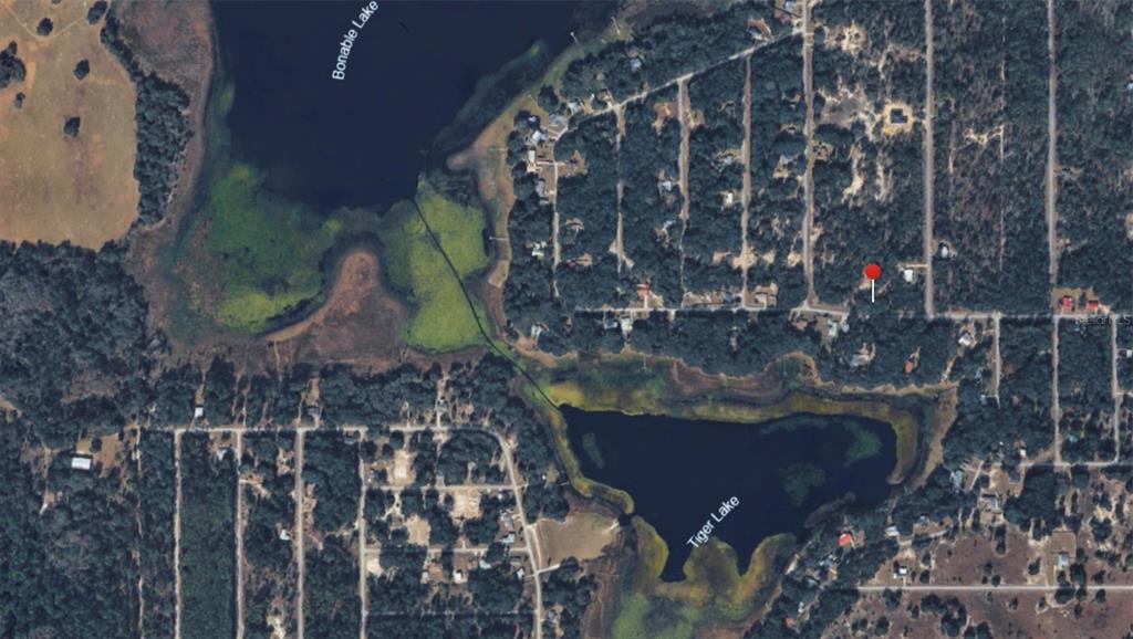 This is an aerial map showing a residential area between Bonable Lake and Tiger Lake — SW SHOREWOOD DRIVE, DUNNELLON, FL