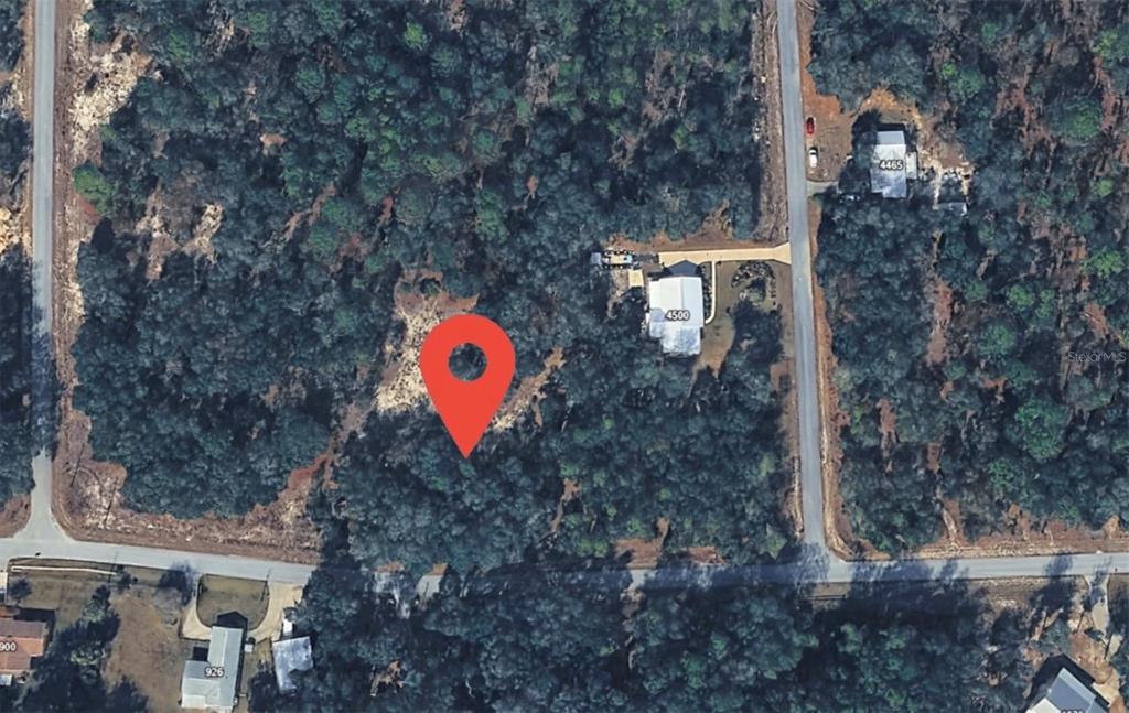 This aerial map shows a wooded residential lot marked with a red location pin — SW SHOREWOOD DRIVE, DUNNELLON, FL
