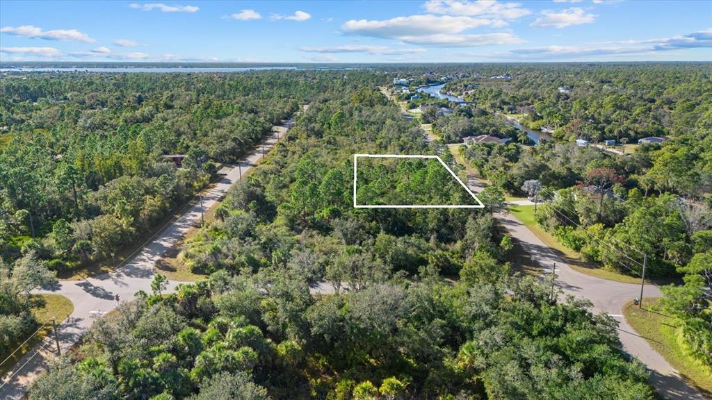 An aerial view shows a vacant, wooded residential lot outlined in white near a road — 14113 HYDRANGEA AVENUE, PORT CHARLOTTE, FL