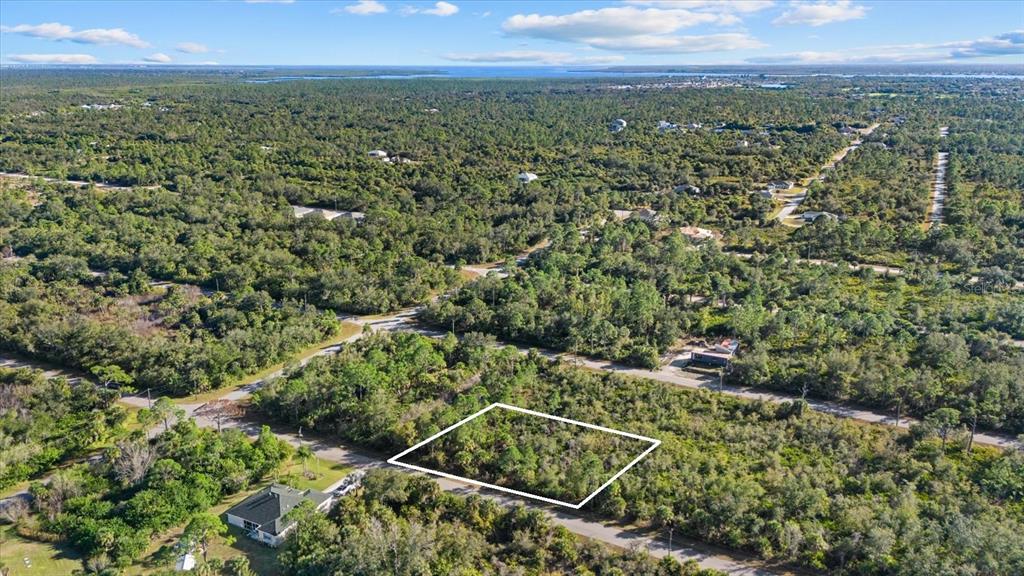 An aerial view shows a rectangular vacant lot outlined in white amidst a wooded area — 14113 HYDRANGEA AVENUE, PORT CHARLOTTE, FL