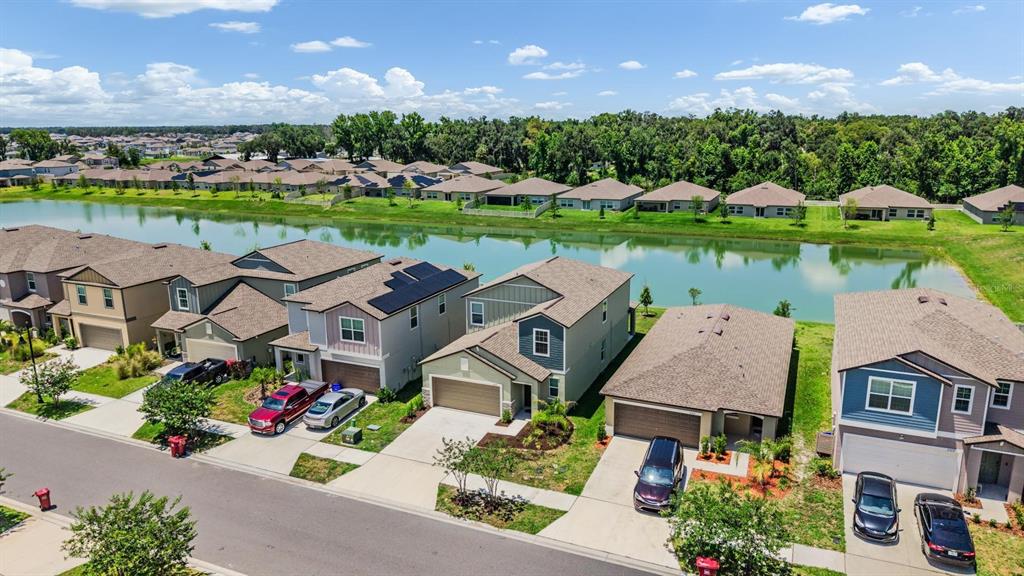 An aerial view shows a row of suburban houses along a pond with trees behind — 2515 VICTORIOUS FALLS AVENUE, PLANT CITY, FL