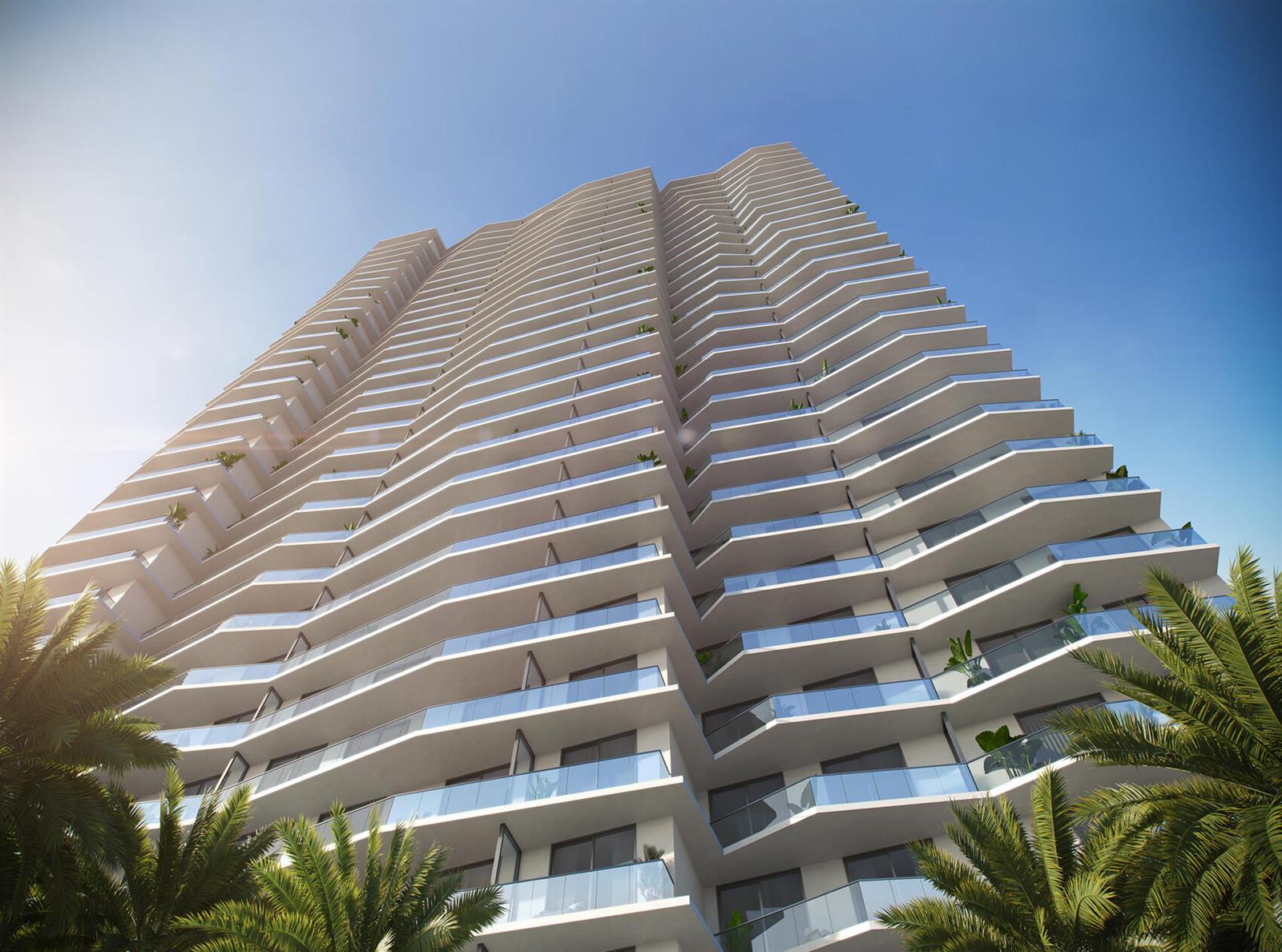 A low-angle rendering of a modern high-rise apartment building with tiered, glass-railed balconies — 77 SE 5th Street # 614, Miami FL 33131, MIAMI, FL