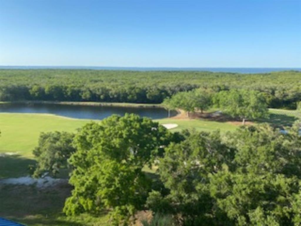 An elevated view of a golf course, pond, and dense forest bordering the ocean — 2333 FEATHER SOUND DRIVE UNIT B304, CLEARWATER, FL