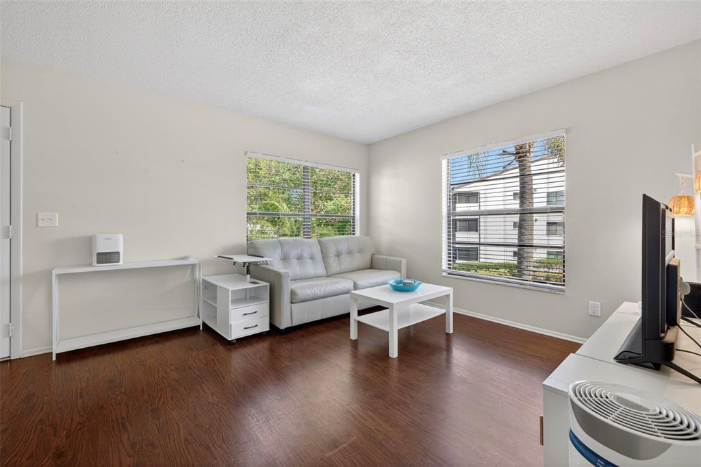 A living room with wood-look flooring, a light-colored sofa, a coffee table, and two windows — 2597 COUNTRYSIDE BOULEVARD UNIT 209, CLEARWATER, FL