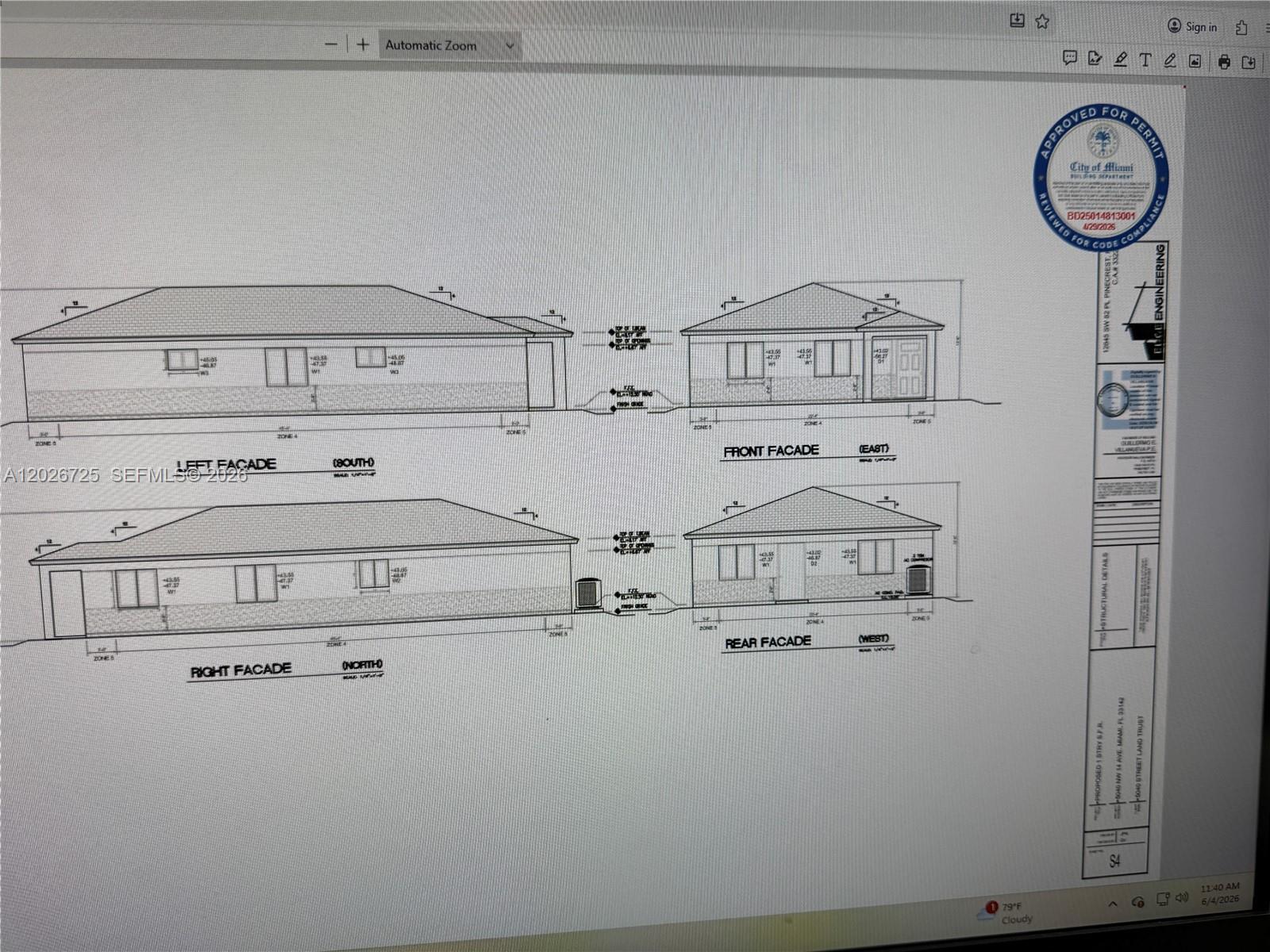This architectural rendering shows the four exterior facade elevations of a residential building — MIAMI, FL