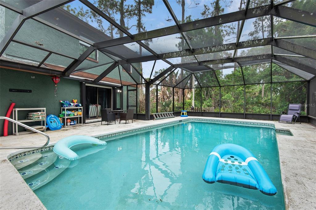A swimming pool with a screen enclosure sits on a patio next to a house — 326 WELLINGTON DRIVE, PALM COAST, FL