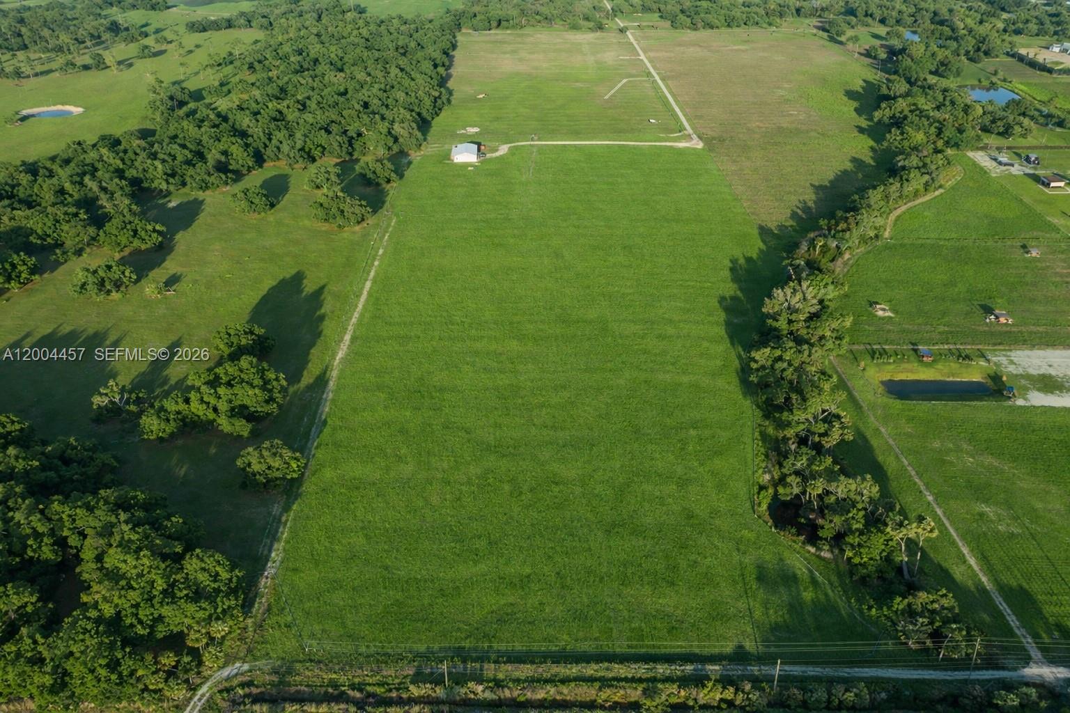 An aerial view shows a large, rectangular green pasture with a small building and trees — 595 Norris Rd, La Belle FL 33935, LA BELLE, FL