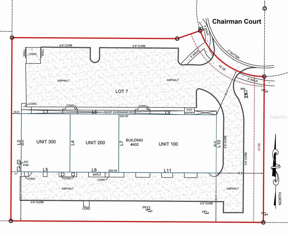This is a site plan showing a building with three units and surrounding asphalt parking — 402 CHAIRMAN COURT, DEBARY, FL