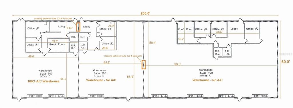 This is a floor plan showing the layout of three warehouse suites with attached office spaces — 402 CHAIRMAN COURT, DEBARY, FL