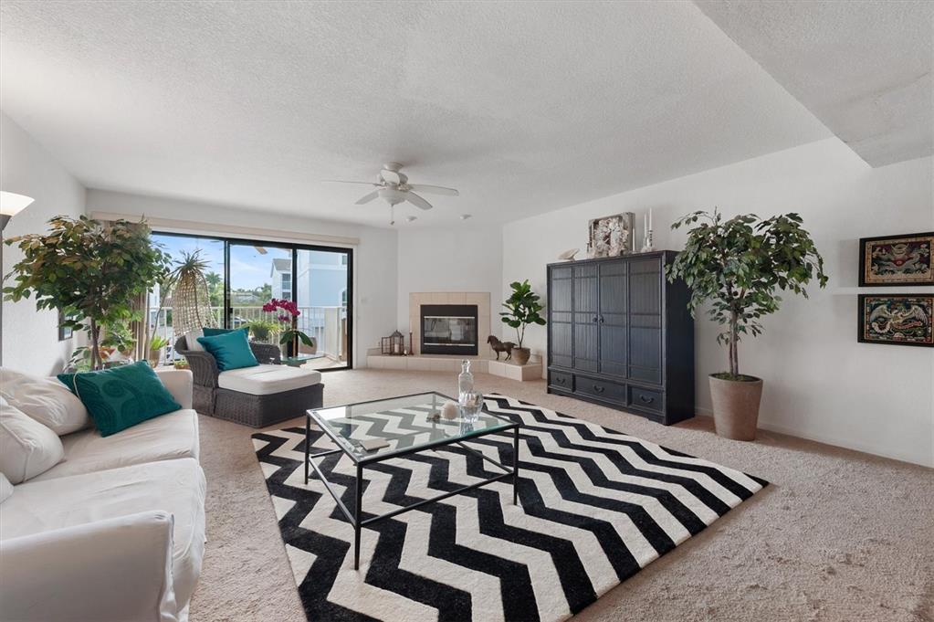 A living room features a chevron rug, glass coffee table, fireplace, and sliding glass doors — 745 PINELLAS BAYWAY S UNIT 206, ST PETERSBURG, FL