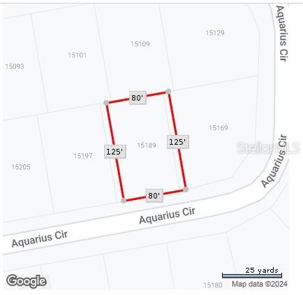 This is a map showing the rectangular property boundaries and dimensions of a residential lot — 15189 AQUARIUS CIRCLE, PORT CHARLOTTE, FL