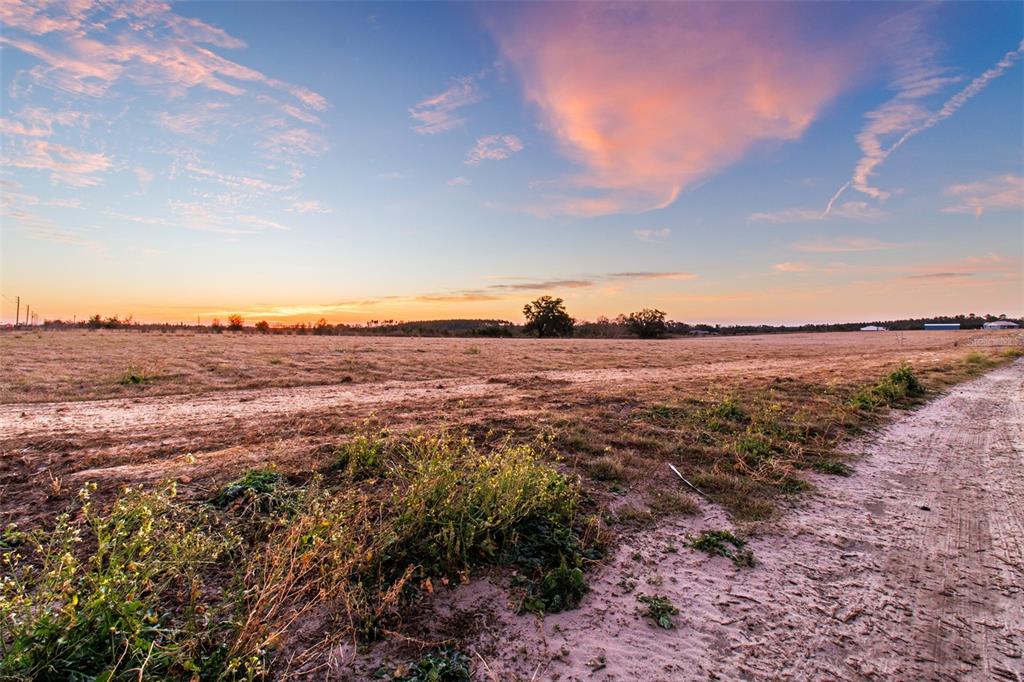 A dirt path leads through a vast, flat, grassy field under a colorful sunset sky — 4302 ROYAL SKY (LOT 4) COURT, BROOKSVILLE, FL