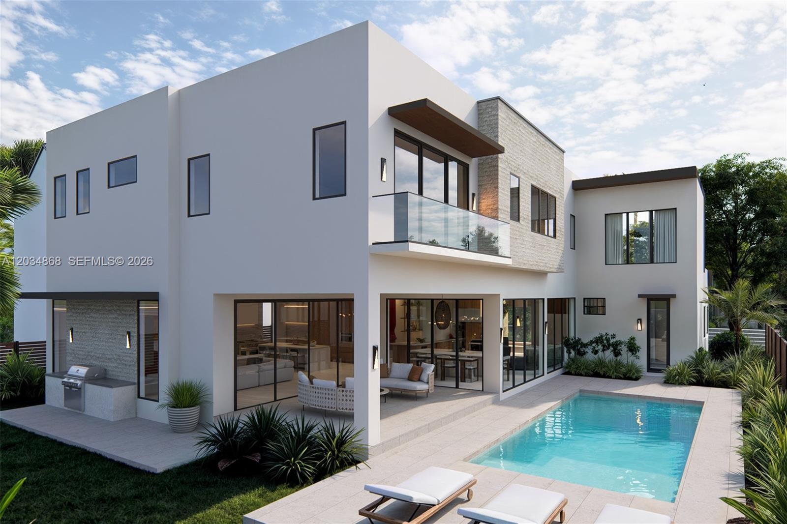 This is a rendering of a modern two-story house with a pool and patio — 7235 SW 54th Ave, Miami FL 33143, MIAMI, FL