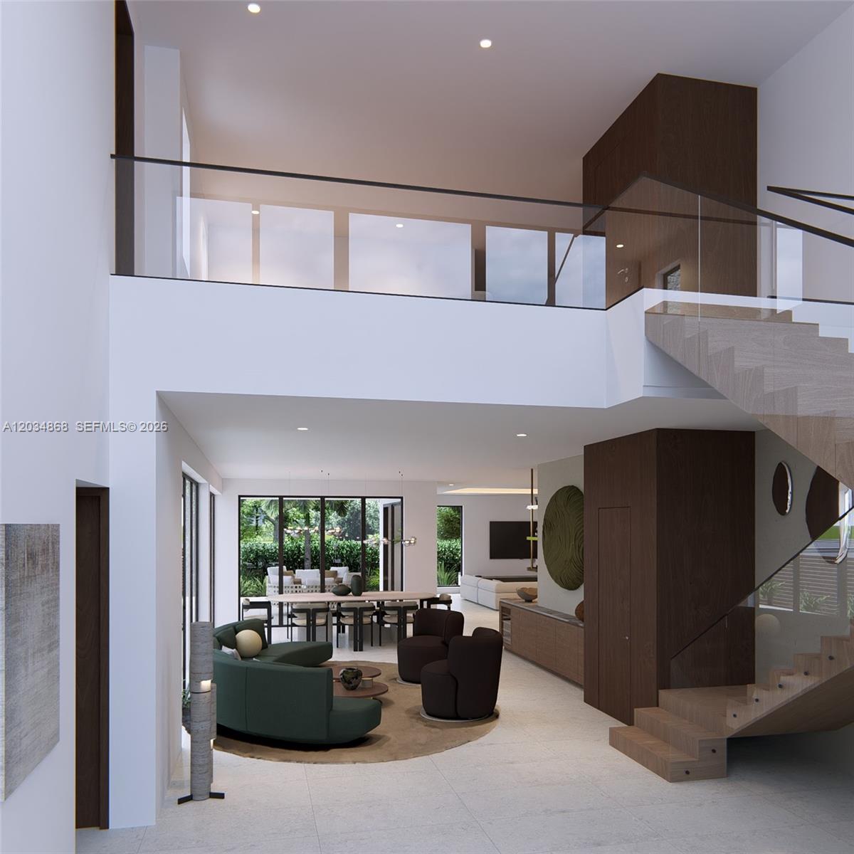 This is a rendering of a modern, open-concept living area with a floating staircase — 7235 SW 54th Ave, Miami FL 33143, MIAMI, FL